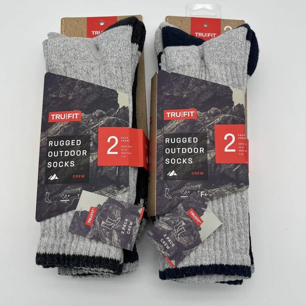 TruFit Rugged Outdoor Socks Mens Sock Size 10-15 Crew Gray 2- 2 Packs Hiking